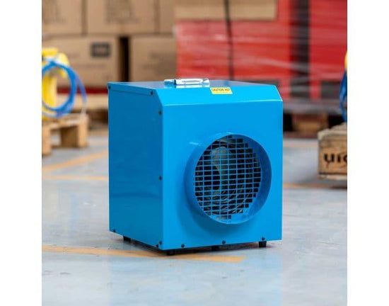 Broughton Blue Giant FF3 3kw Portable Fan Heater - Includes Spigot for Ducting 230V & 110V from Bright Air shown in warehouse situation front view