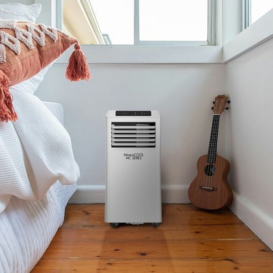 MeacoCool MC Series Pro 8000 BTU Portable Air Conditioner in a bedroom situation from Bright Air